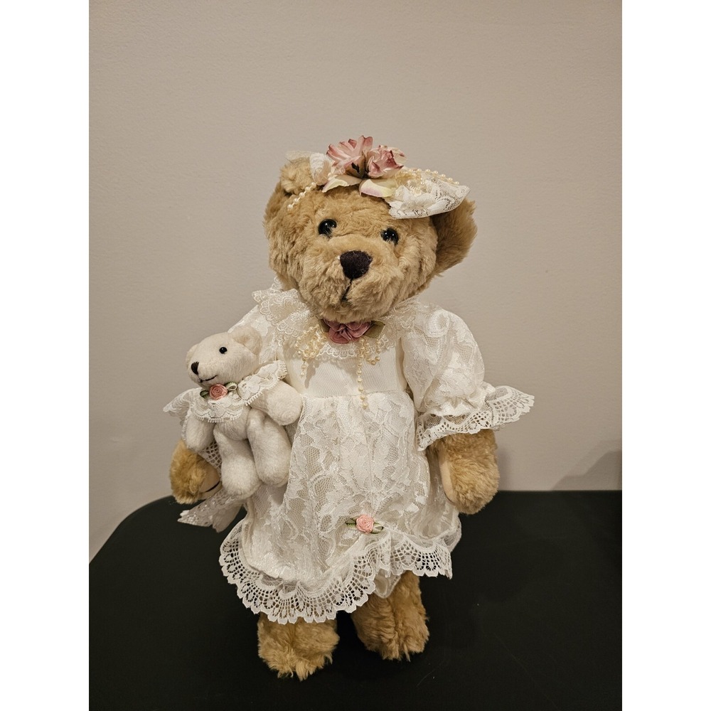 RARE Vintage Victorian Bridal Teddy Bear Display Stand Lace Wedding Dress Plush